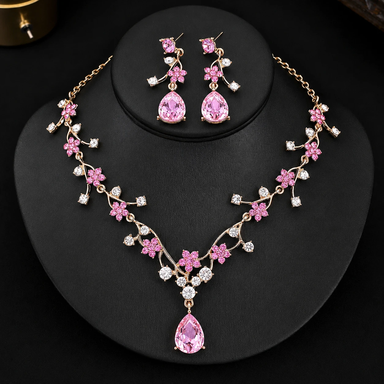 Luxury Pink Crystal Floral Necklace & Earrings Set - Gold Plated Bridal Jewelry